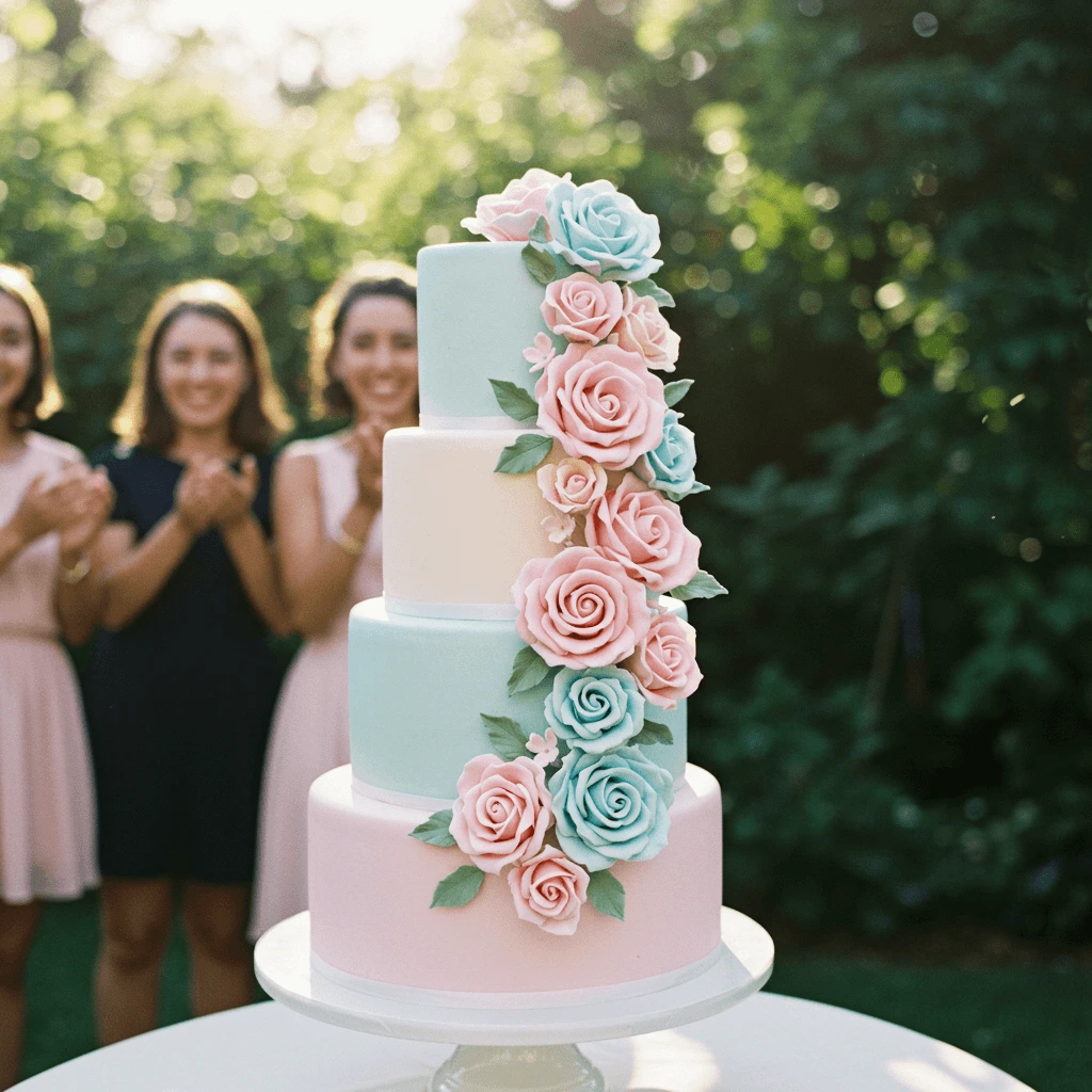 Gender reveal cupcakes decorated with blue and pink frosting.