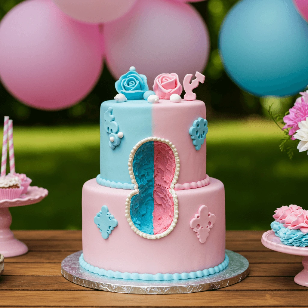 A beautifully decorated gender reveal cake with blue and pink accents, symbolizing the surprise of the baby's gender