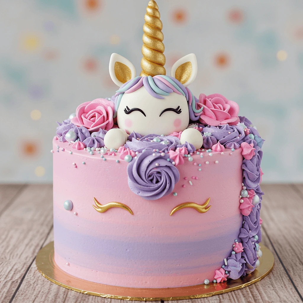 Fondant unicorn horn and ears with gold accents for cake decoration.