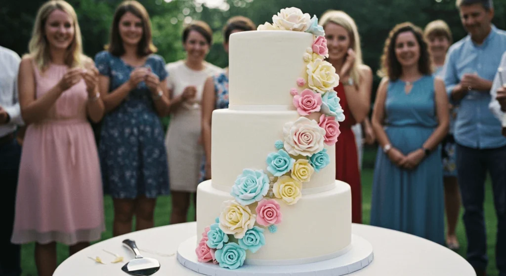 Gender reveal cake with pink and blue layers, decorated with fondant and edible flowers.