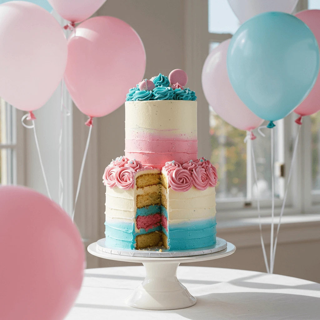 Pink and blue gender reveal cake with question mark decorations and sprinkles.