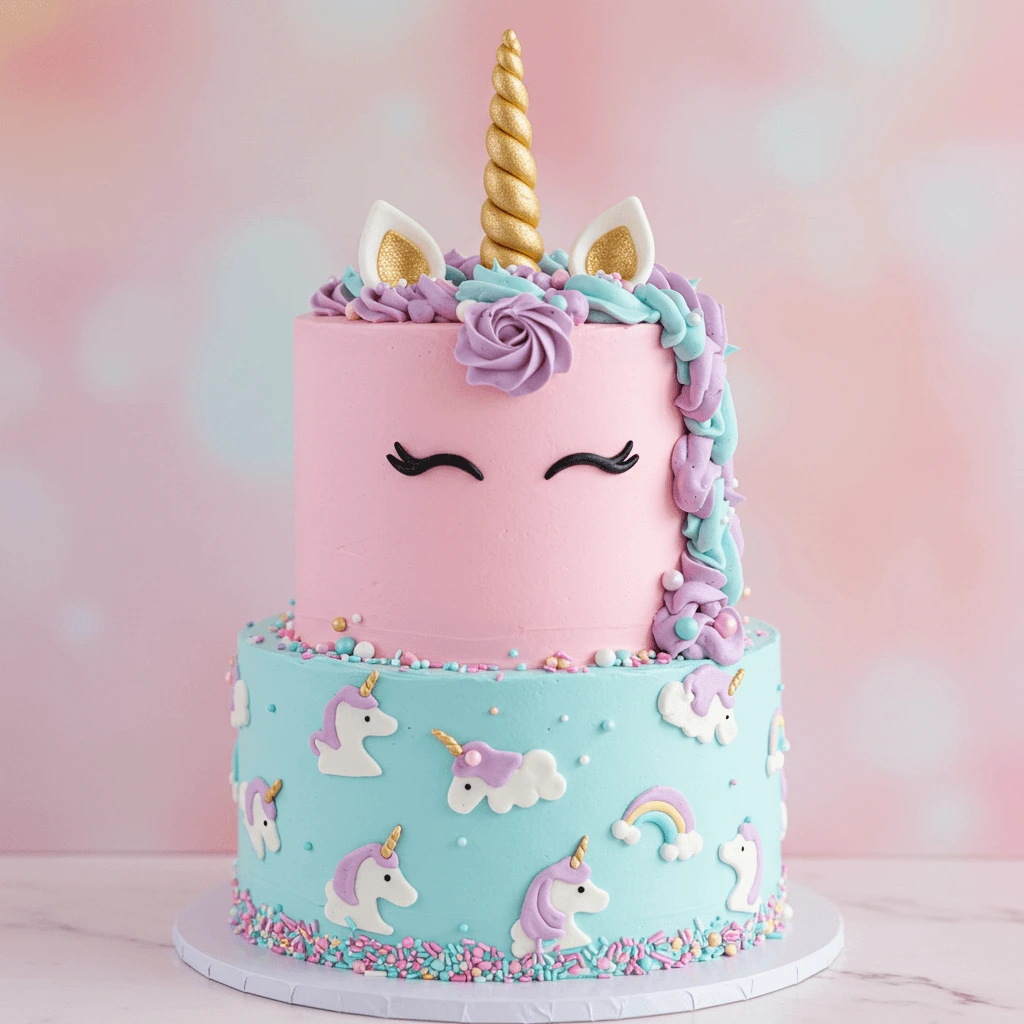 Magical unicorn cake with a fondant horn, pastel buttercream mane, and edible gold accents.