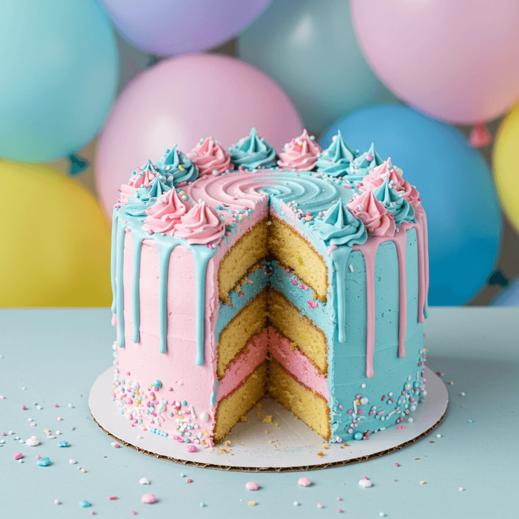 A beautifully decorated gender reveal cake with a blue and pink theme, featuring a question mark topper and surrounded by party decorations.