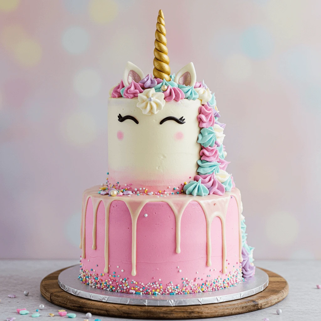 Bright rainbow layers of a unicorn cake topped with vanilla buttercream.