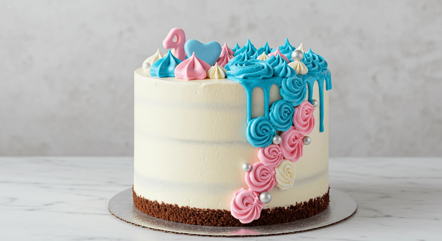 Beautifully Decorated Gender Reveal Cake with Pink and Blue FrostingBeautifully Decorated Gender Reveal Cake with Pink and Blue Frosting