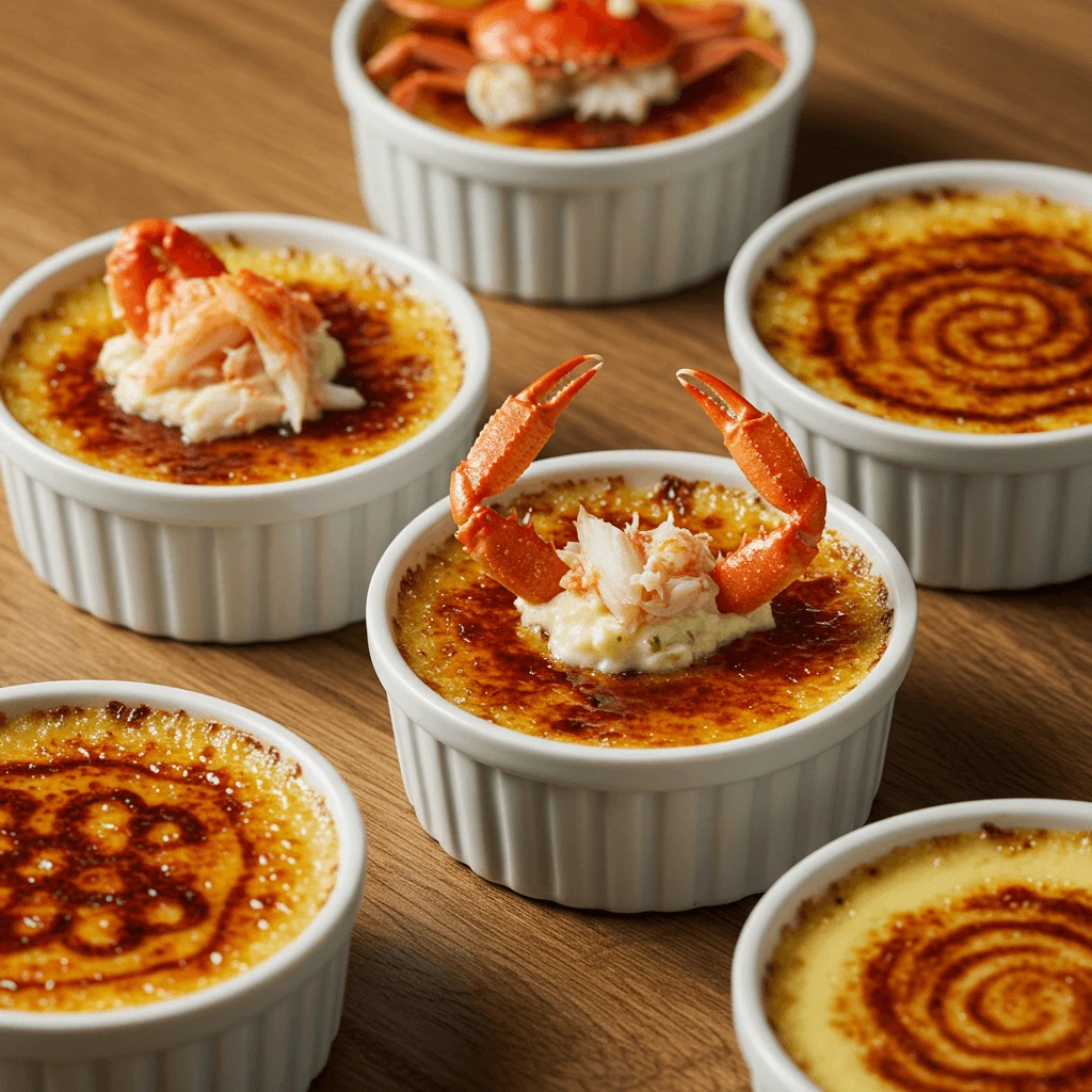 Crab brulee topped with golden breadcrumbs and a side of toasted bread slices.