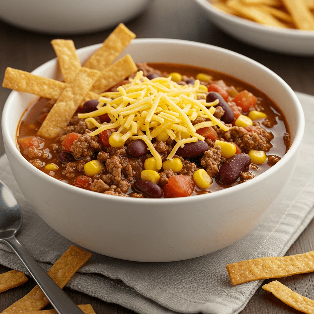 Taco soup frios in a bowl with toppings