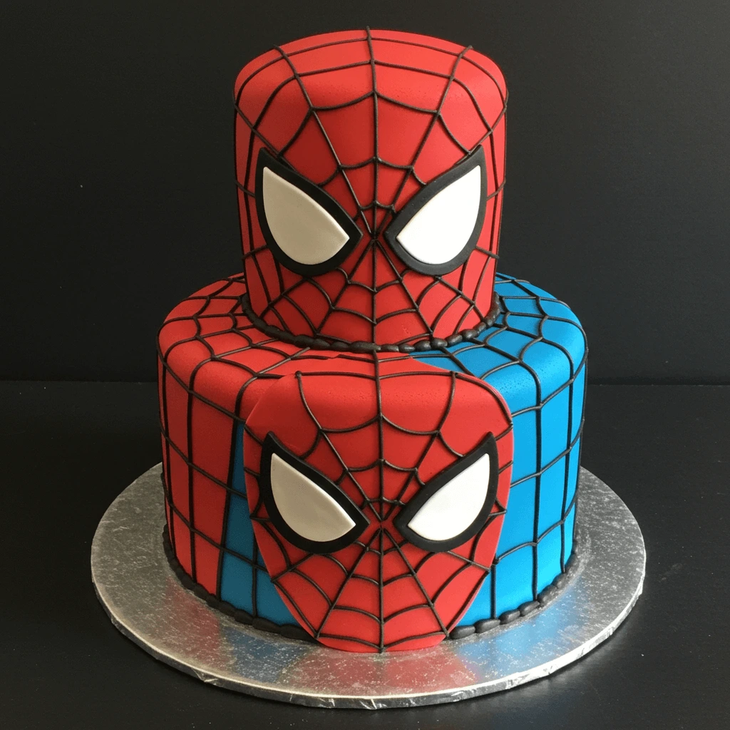 3D Spiderman bust cake with realistic details of the mask and webbing.