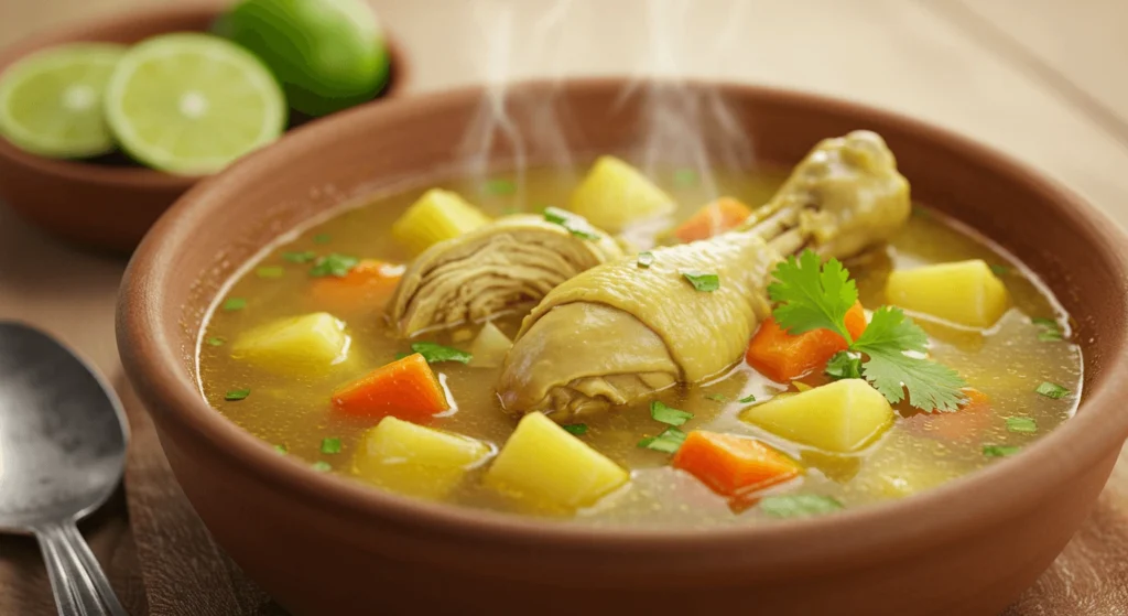 Caldo de pollo served with avocado slices, lime wedges, and warm tortillas.