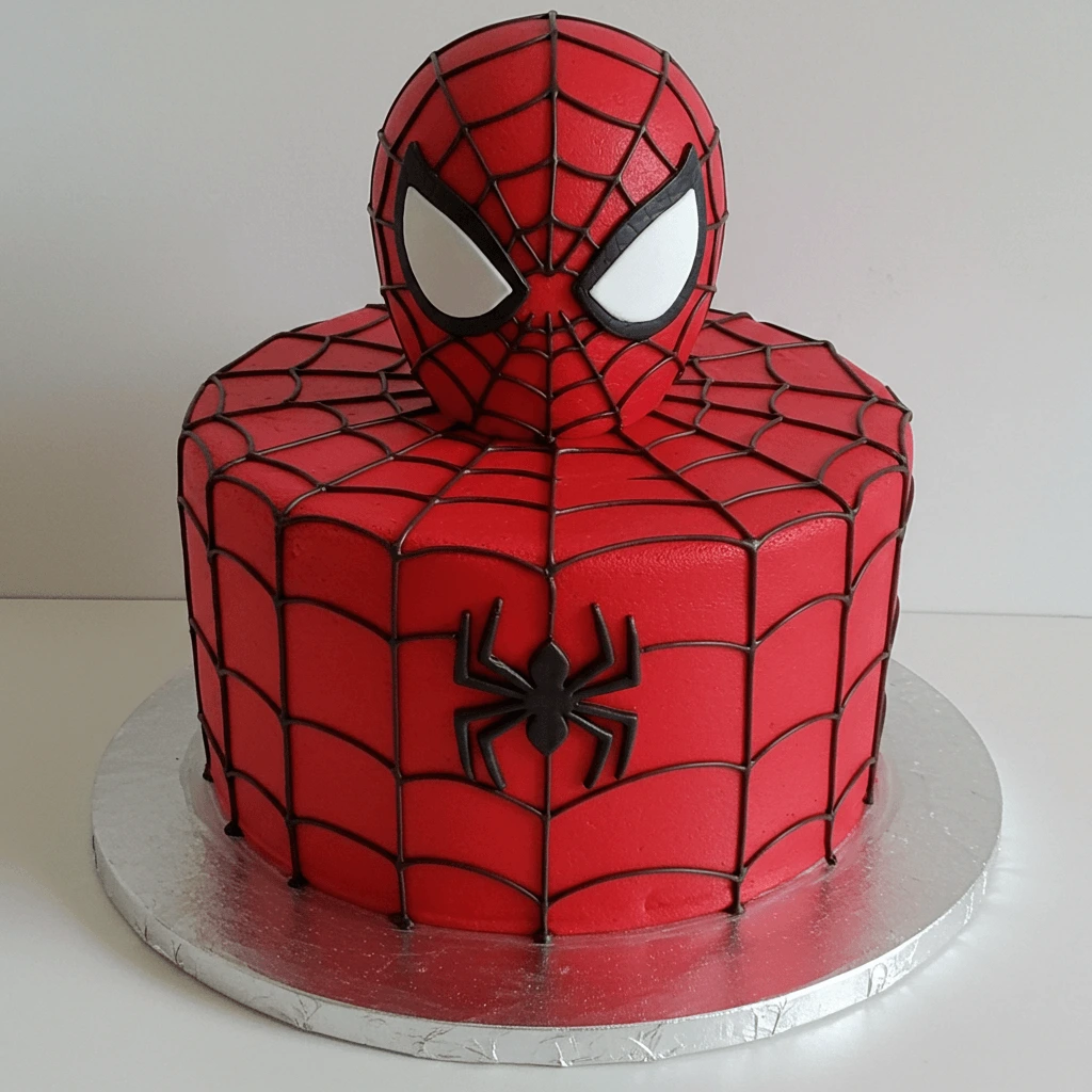  A layered Spiderman cake with alternating red and blue sponge layers, topped with a chocolate spiderweb design.