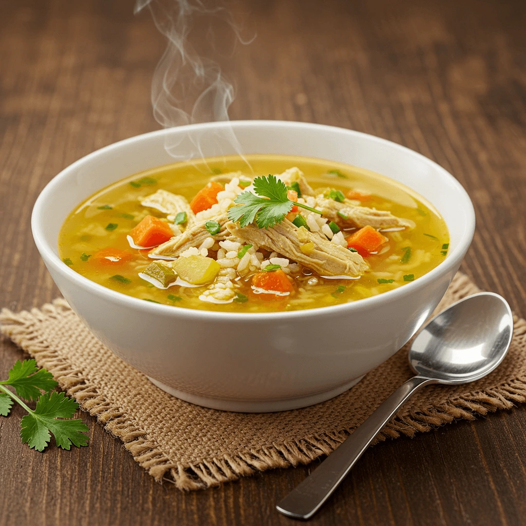 A large pot of caldo de pollo simmering on the stove with chicken and vegetables.