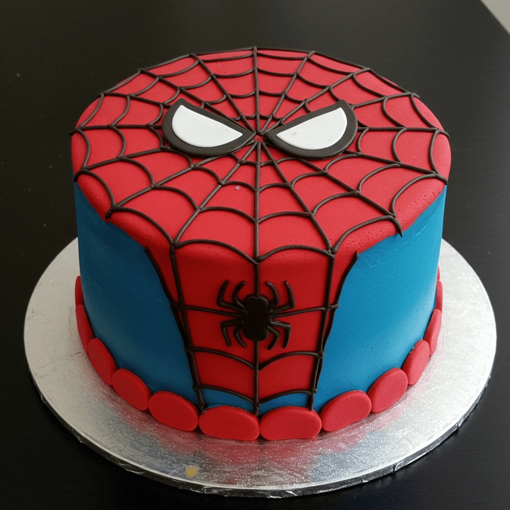  A group of Spiderman-themed cupcakes with red and blue frosting and edible spiderweb toppers