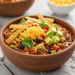 Close-up of taco soup frios with toppings