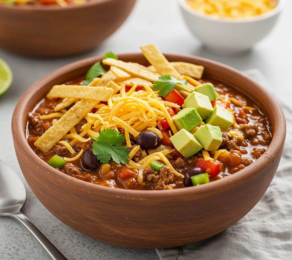 Close-up of taco soup frios with toppings