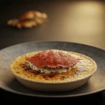 Crab brulee with a drizzle of truffle oil and a garnish of fresh thyme.