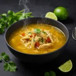 A hearty bowl of traditional caldo de pollo with chicken, vegetables, and a side of lime wedges.