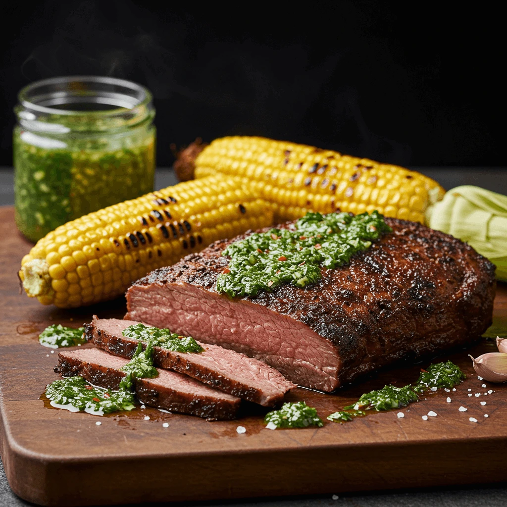 A whole smoked chicken with crispy golden skin and a side of herbs on a wooden platter.