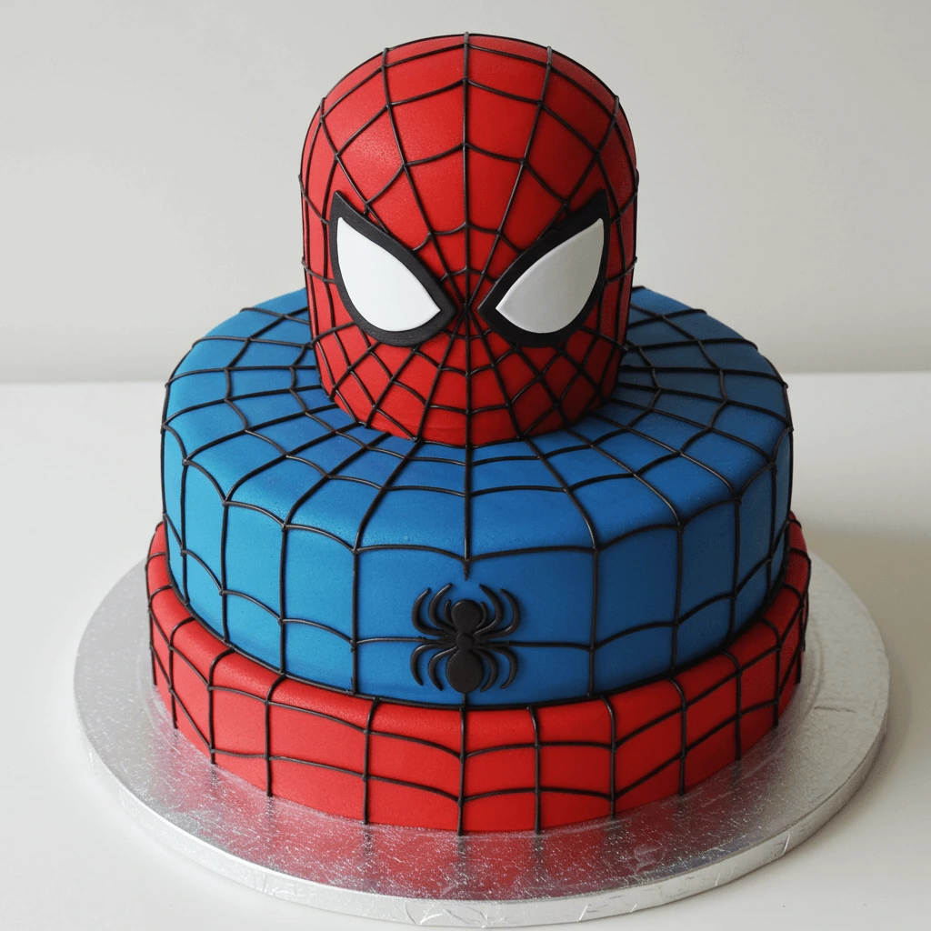 A Spiderman cake with a fondant city skyline around the base and a Spiderman figure climbing the side.