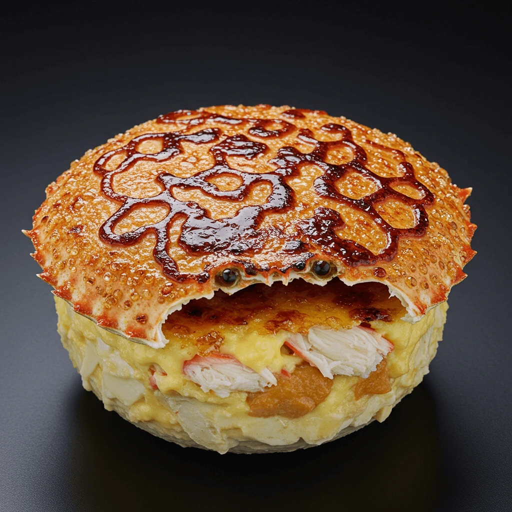 A golden-brown crab brulee served in a ramekin with a caramelized top.