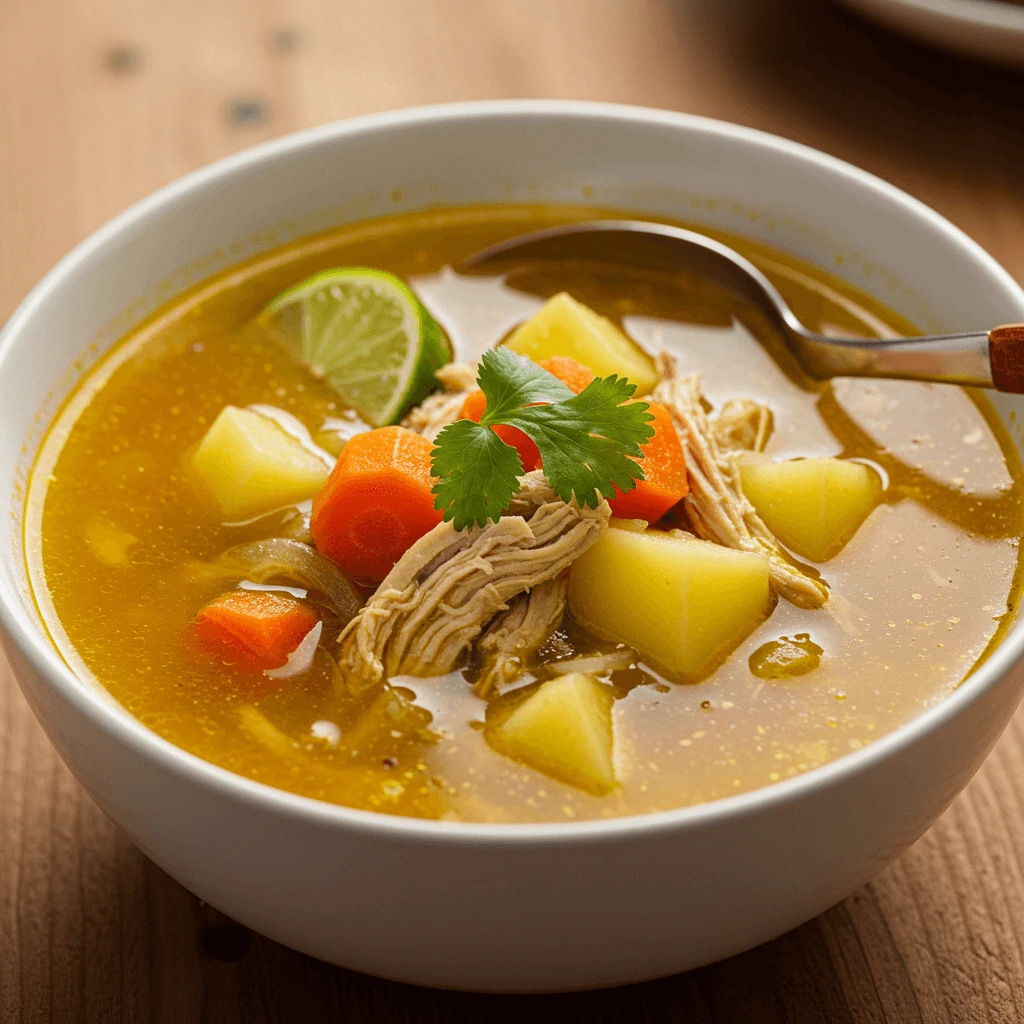 Fresh ingredients for caldo de pollo, including chicken, carrots, celery, and cilantro.