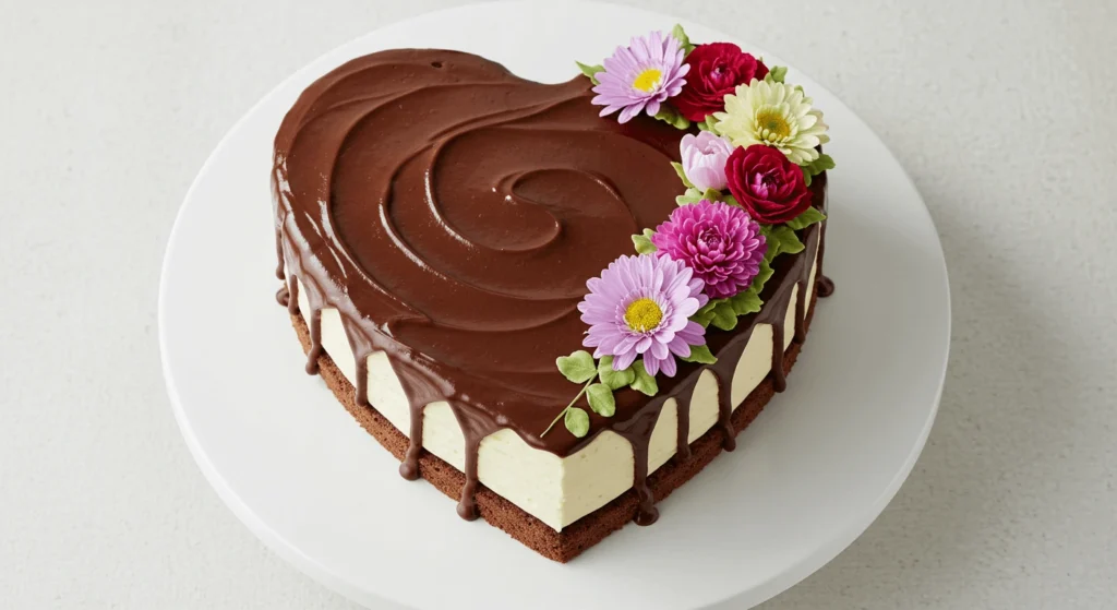 Heart-shaped cake with vibrant icing designs