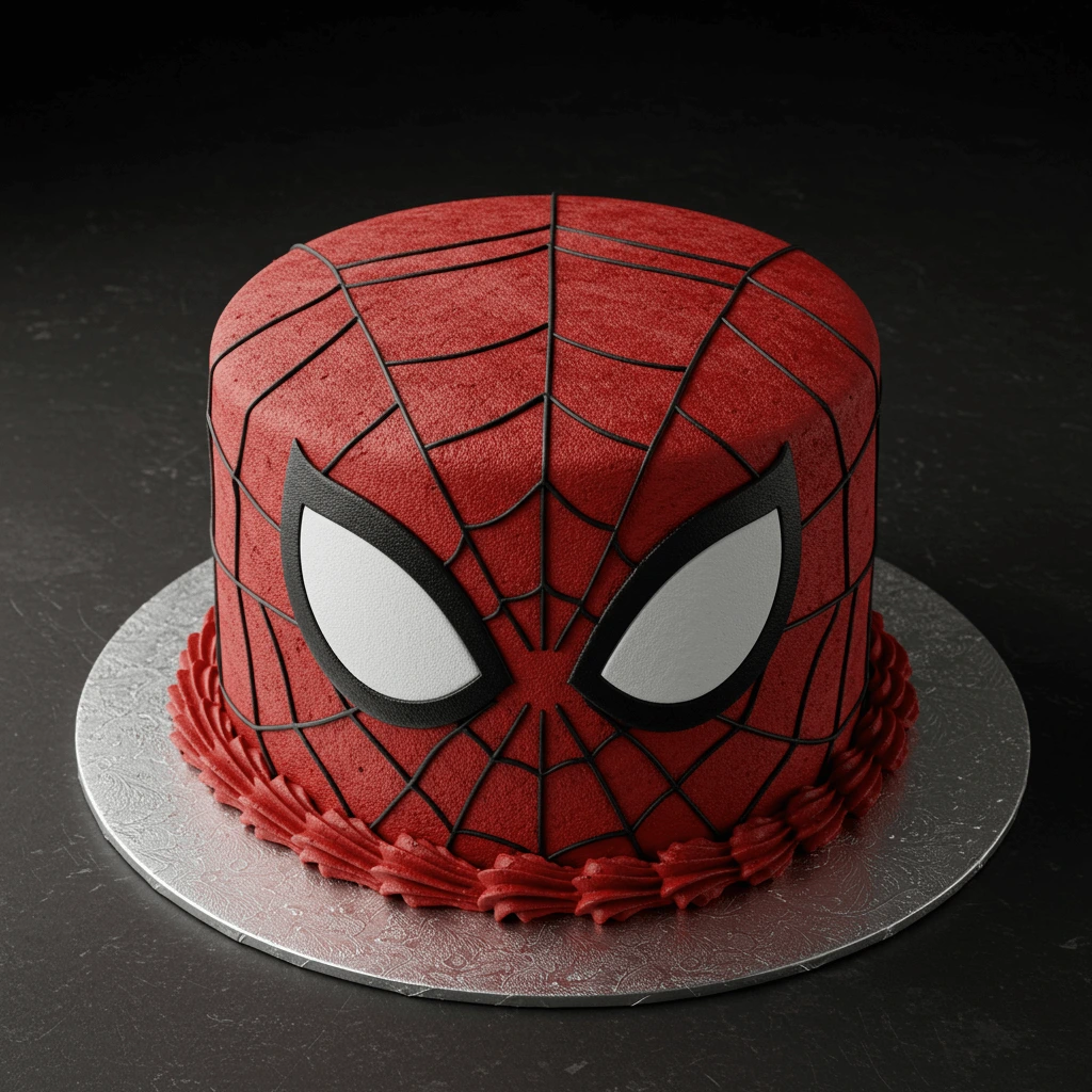 A Spiderman drip cake with red and blue icing drips, topped with a Spiderman logo.