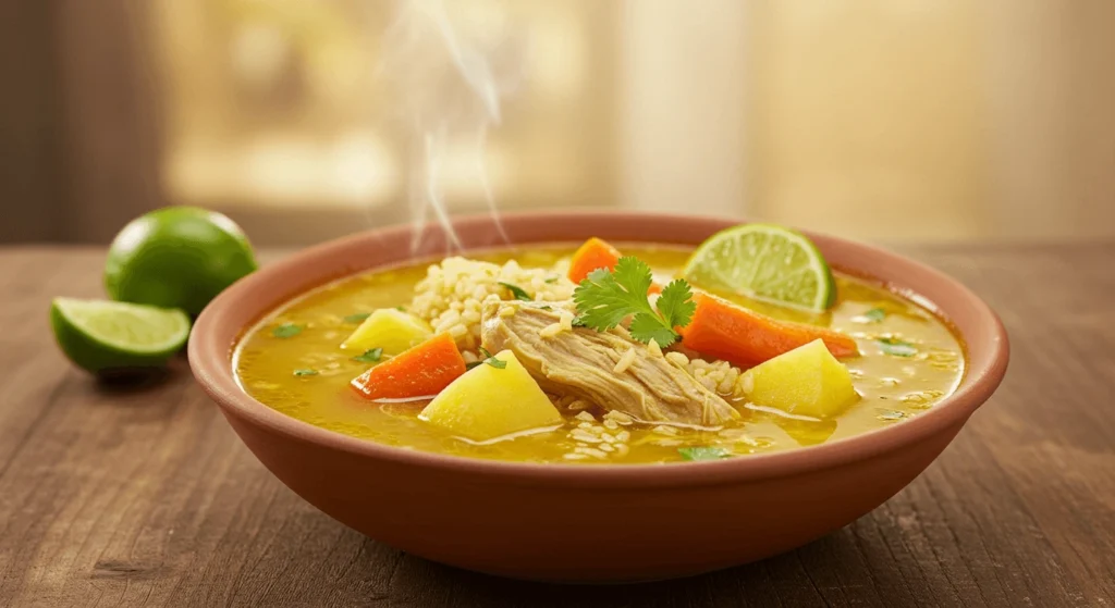 A regional version of caldo de pollo with added corn and local spices.