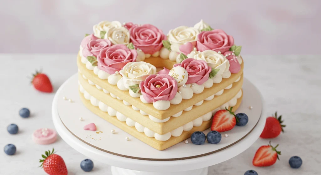 Heart-shaped cake with fresh fruit toppings