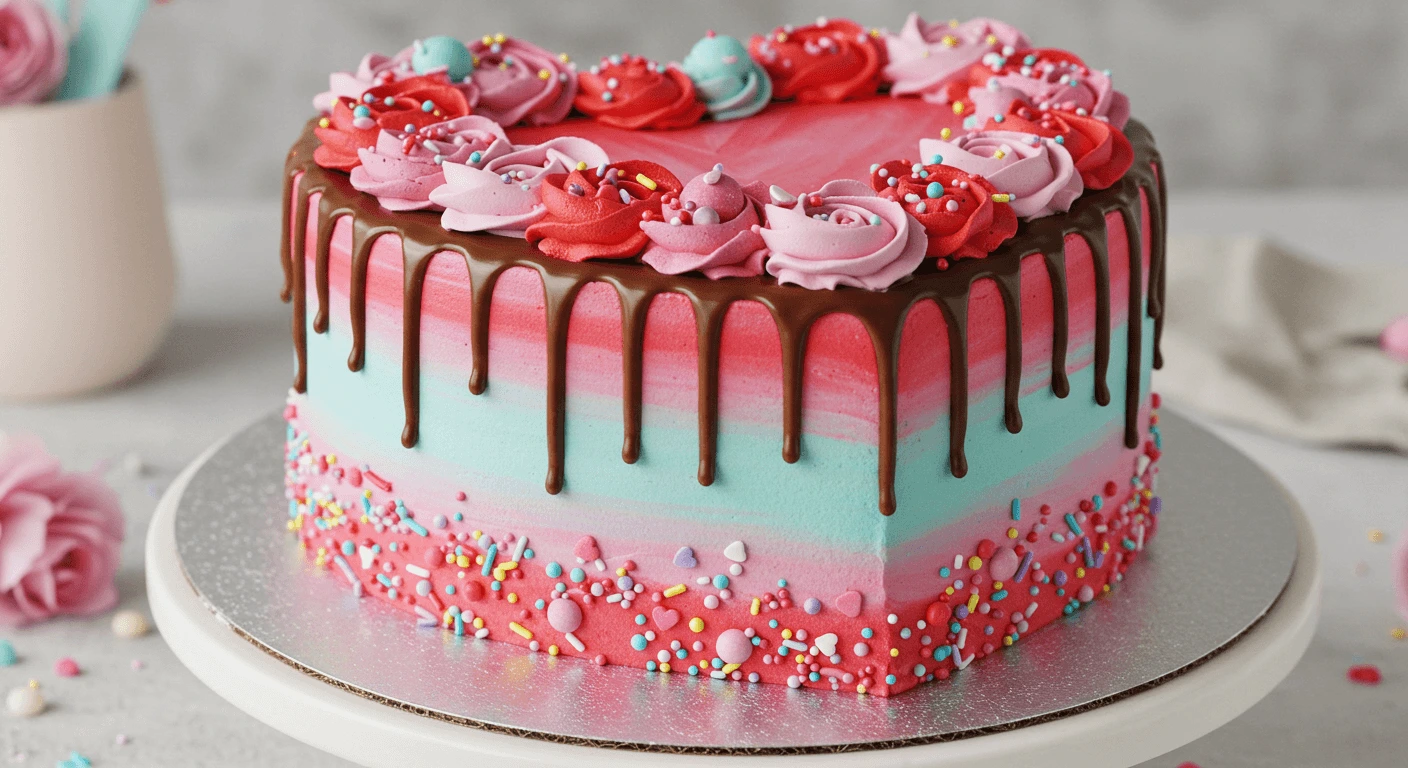 Heart-shaped cake decorated with buttercream roses