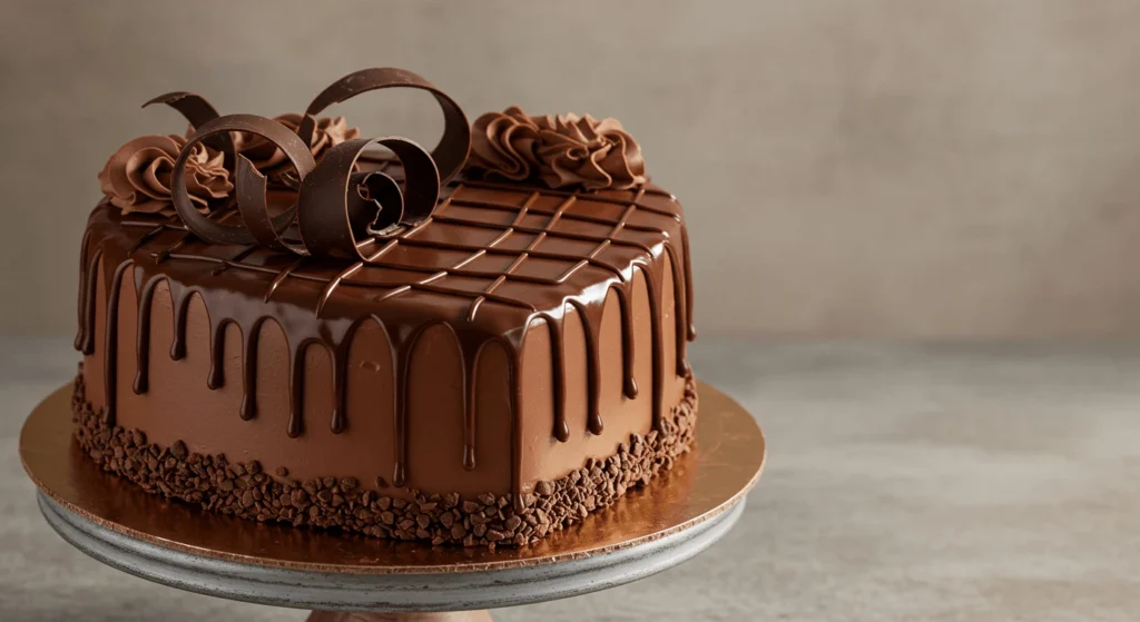 Simple heart-shaped cake with chocolate frosting