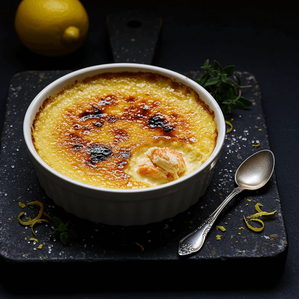 Crab brulee in a ramekin, garnished with fresh parsley and a side of lemon slices.