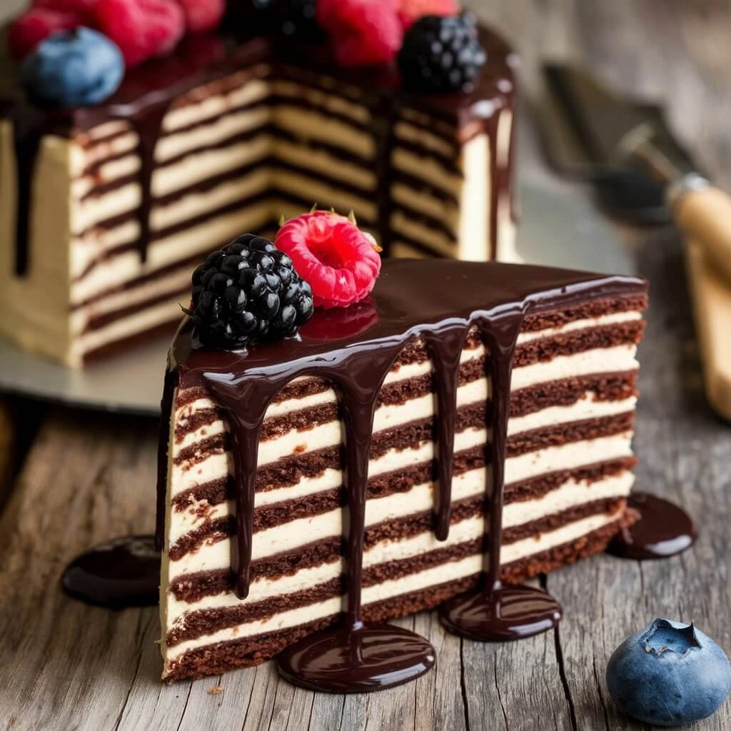 A rich chocolate cake with smooth ganache and chocolate shavings.