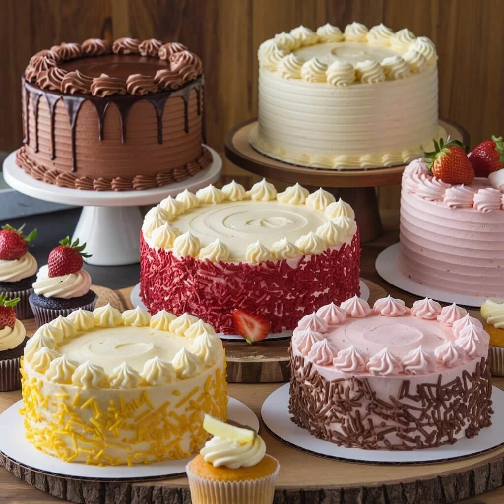 A selection of fruit-flavored cakes, including lemon, strawberry, and orange.