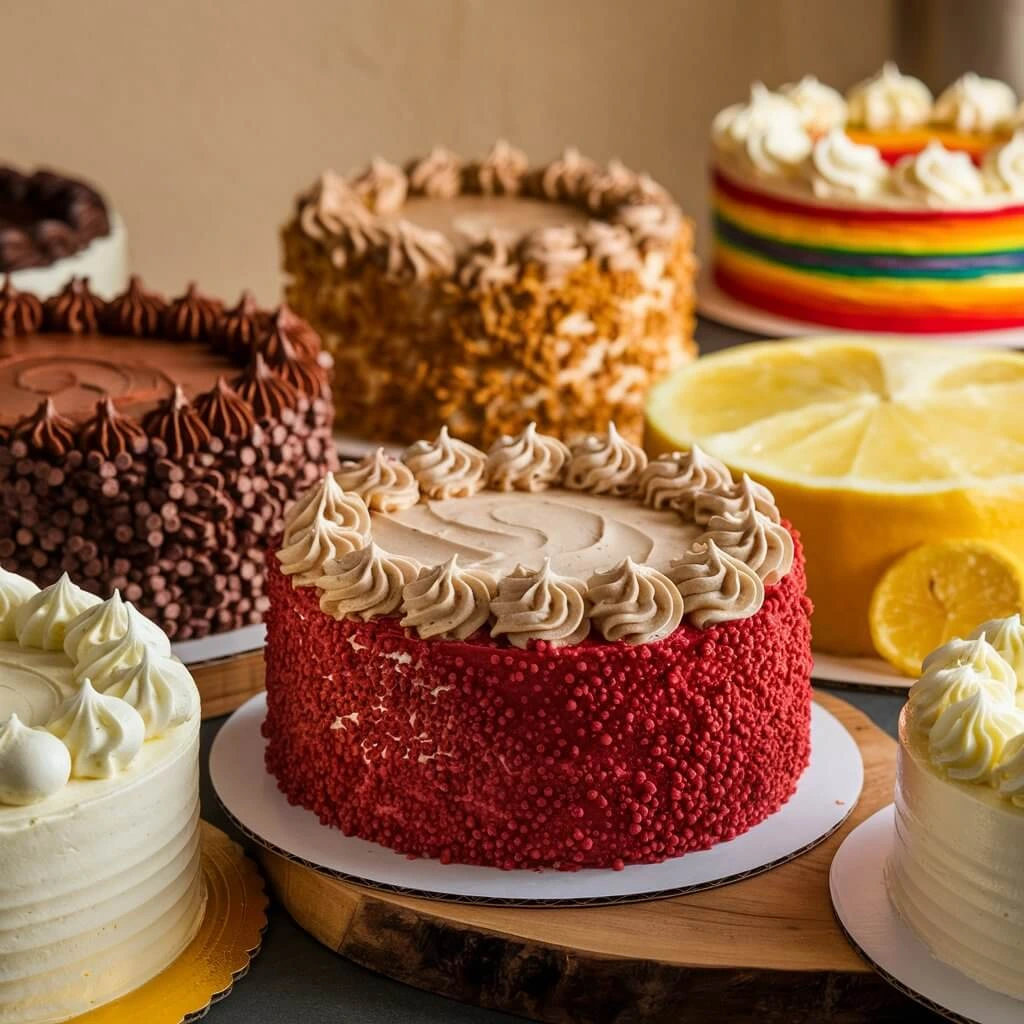 A variety of nut and spice cakes, including carrot cake, pecan cake, and cinnamon spice cake.