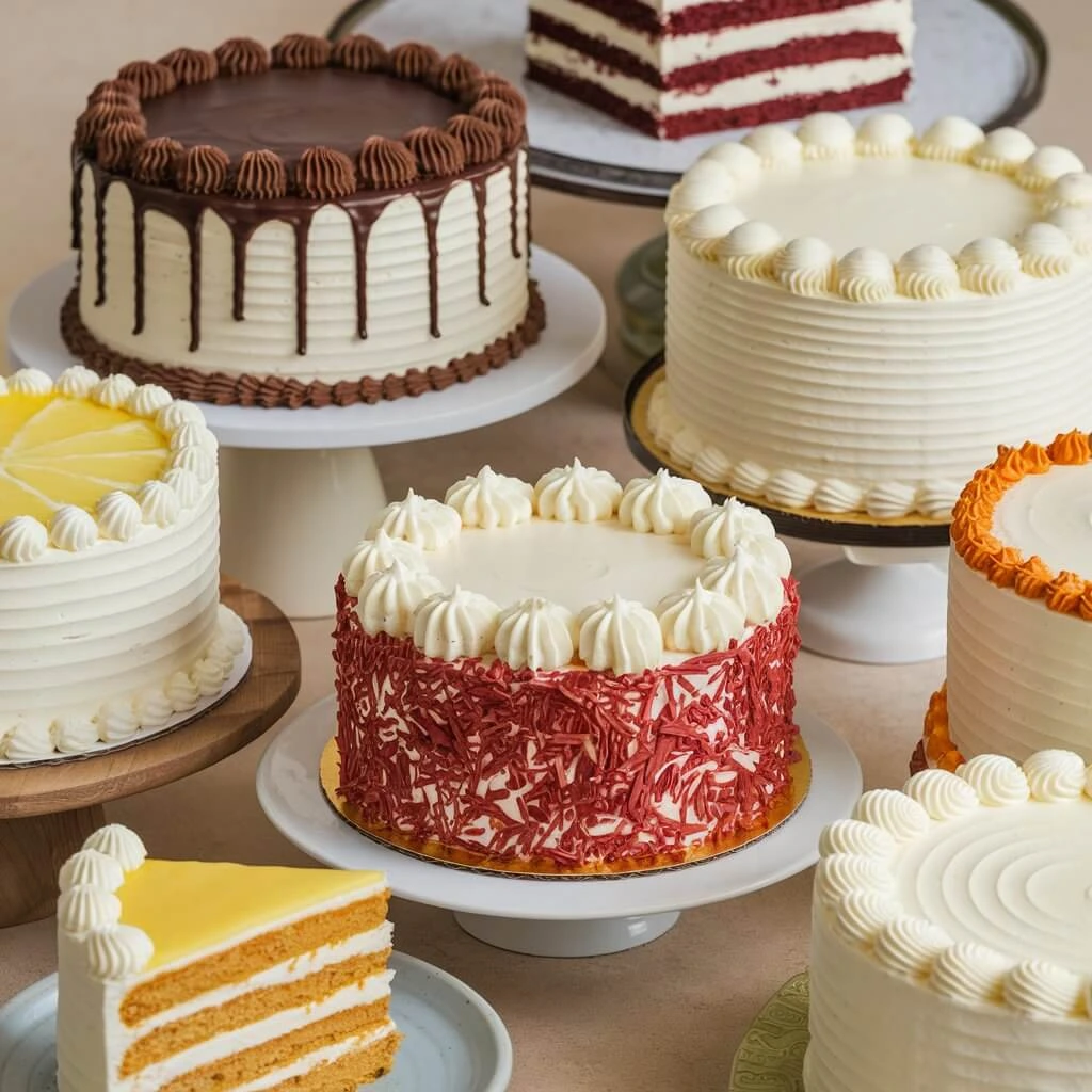 A vibrant display of rainbow, funfetti, and cotton candy-flavored cakes.