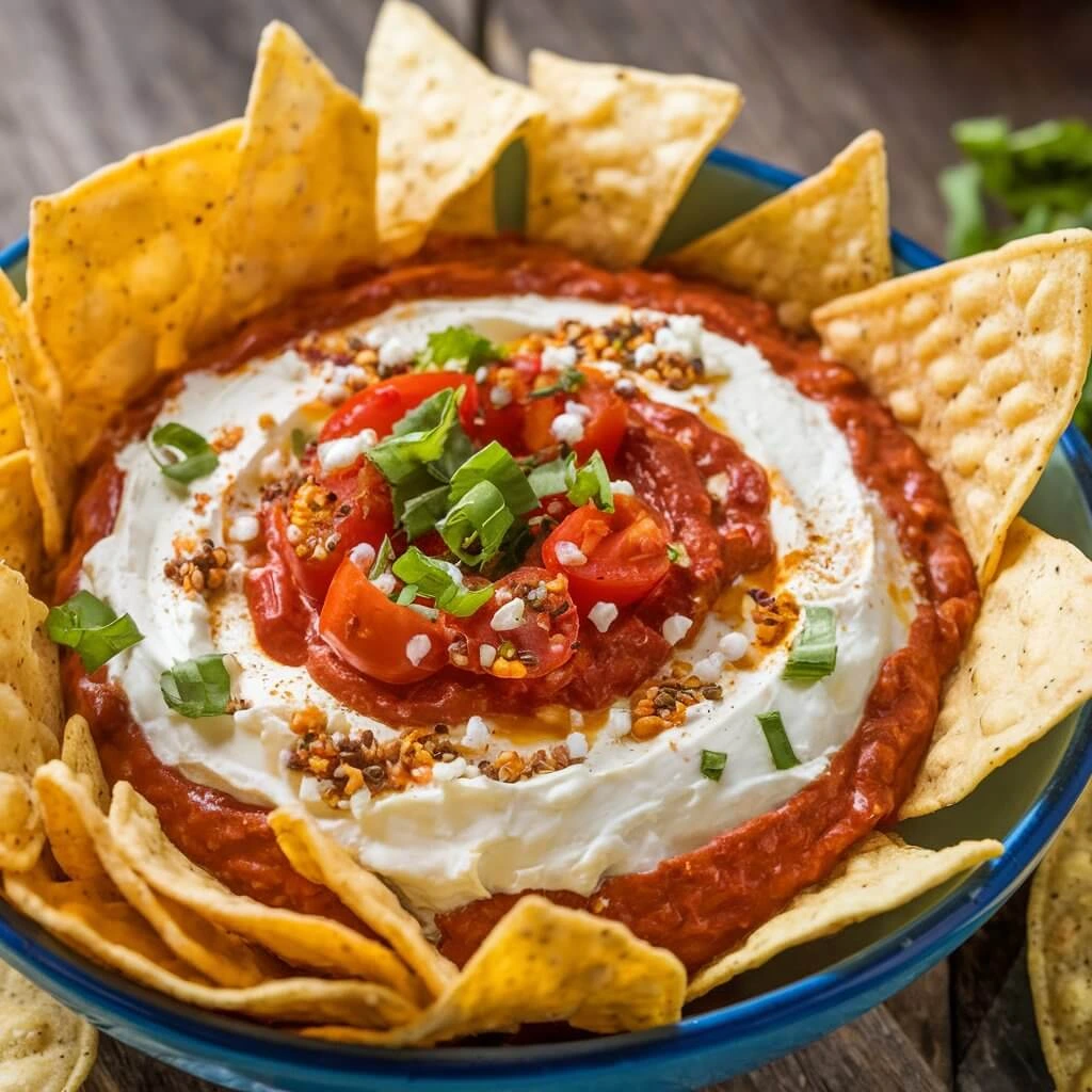 A bowl of creamy Rotel dip with tortilla chips on the side.