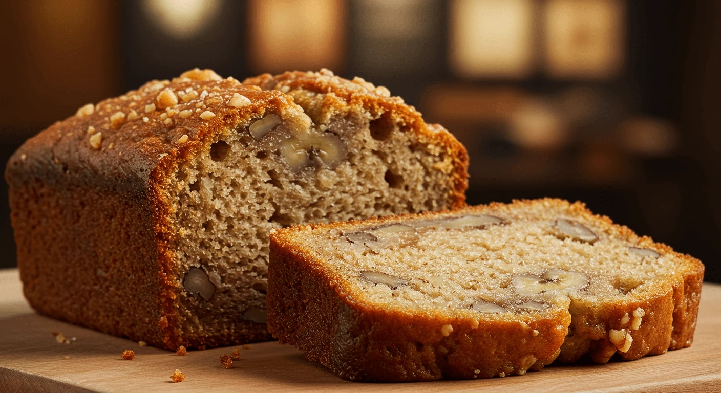 Sliced Starbucks banana bread on a wooden board