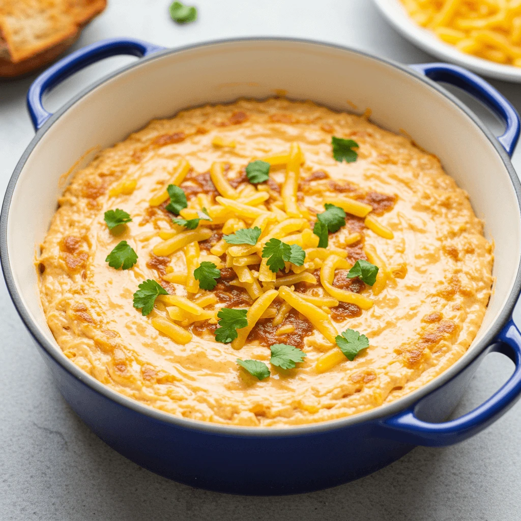 A bowl of Rotel dip with jalapeño slices on top.