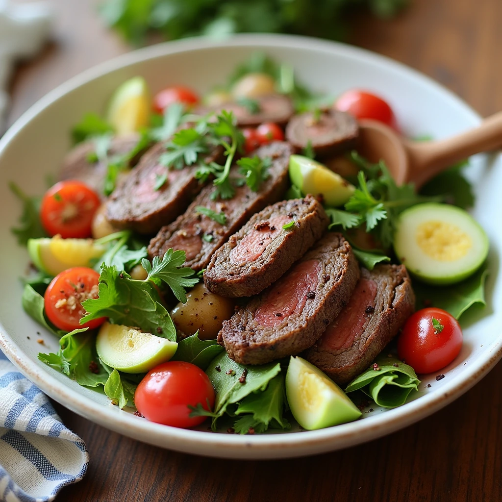 A plated steak salad served with a slice of crusty bread.
