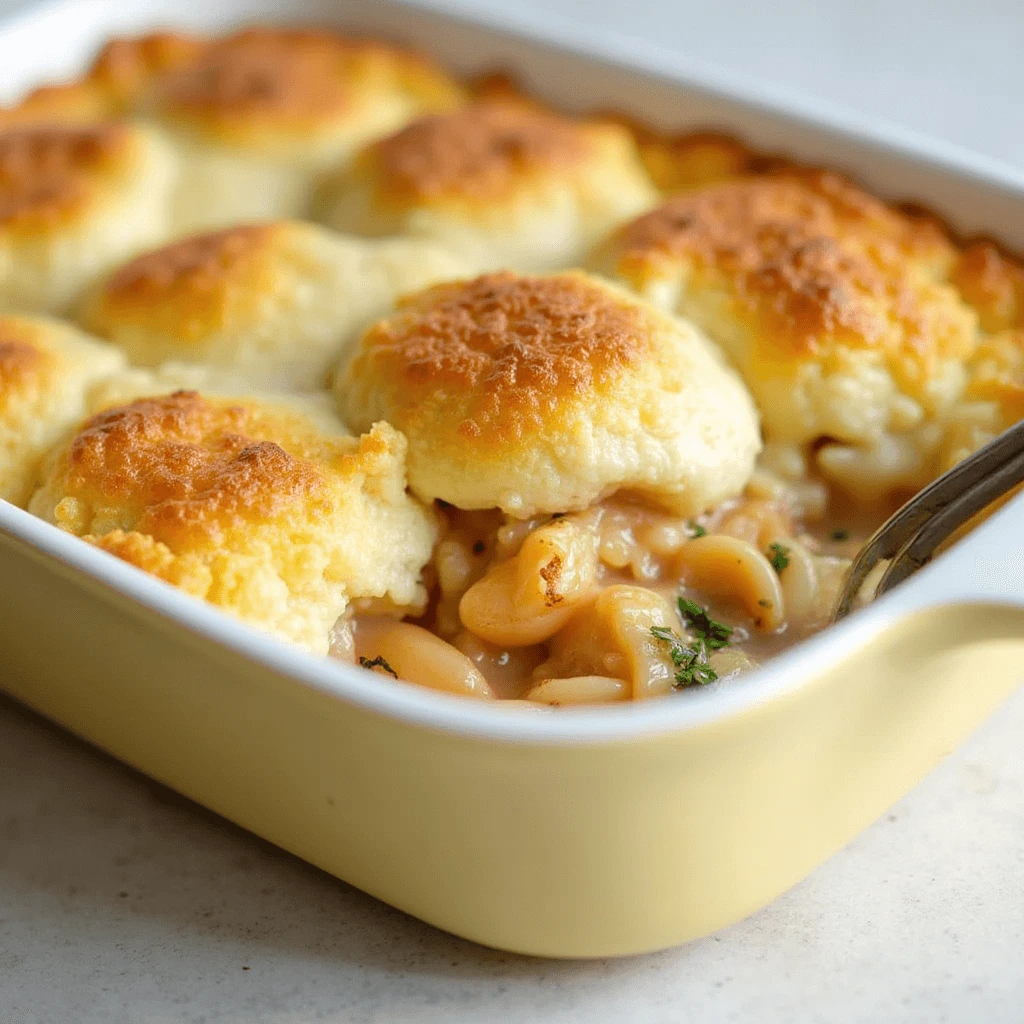 A serving of chicken cobbler on a plate with a side of green beans.