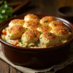 A freshly baked chicken cobbler with a golden biscuit topping in a casserole dish.