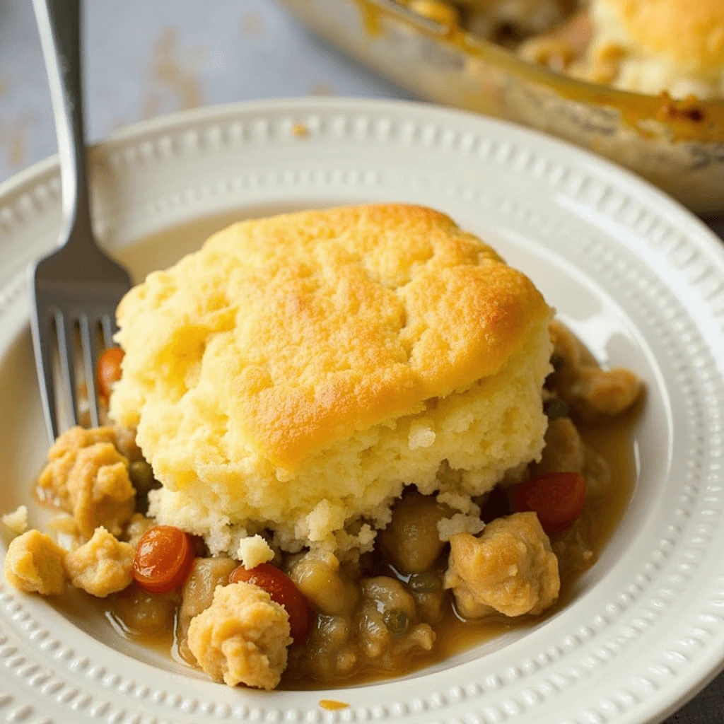 A baking dish of chicken cobbler fresh out of the oven with steam rising.