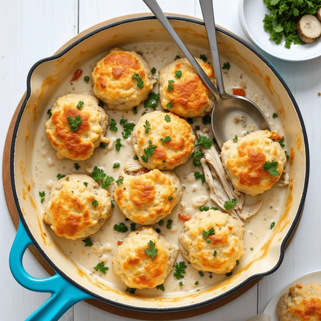 A spoon scooping out a portion of chicken cobbler from a baking dish.