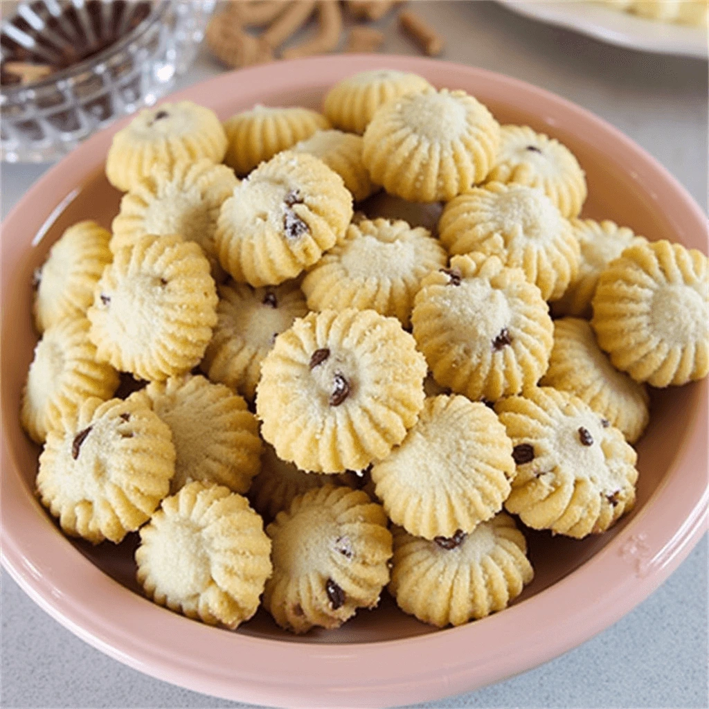 Raw pignoli cookie dough balls rolled in pine nuts on a baking sheet